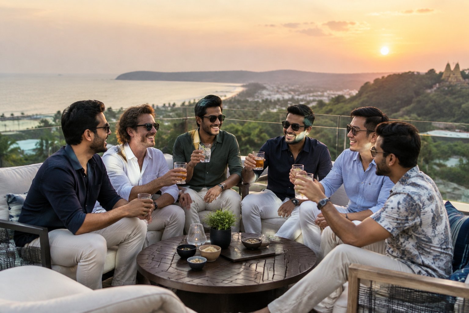 A group of friends celebrating together at a scenic rooftop venue in India.