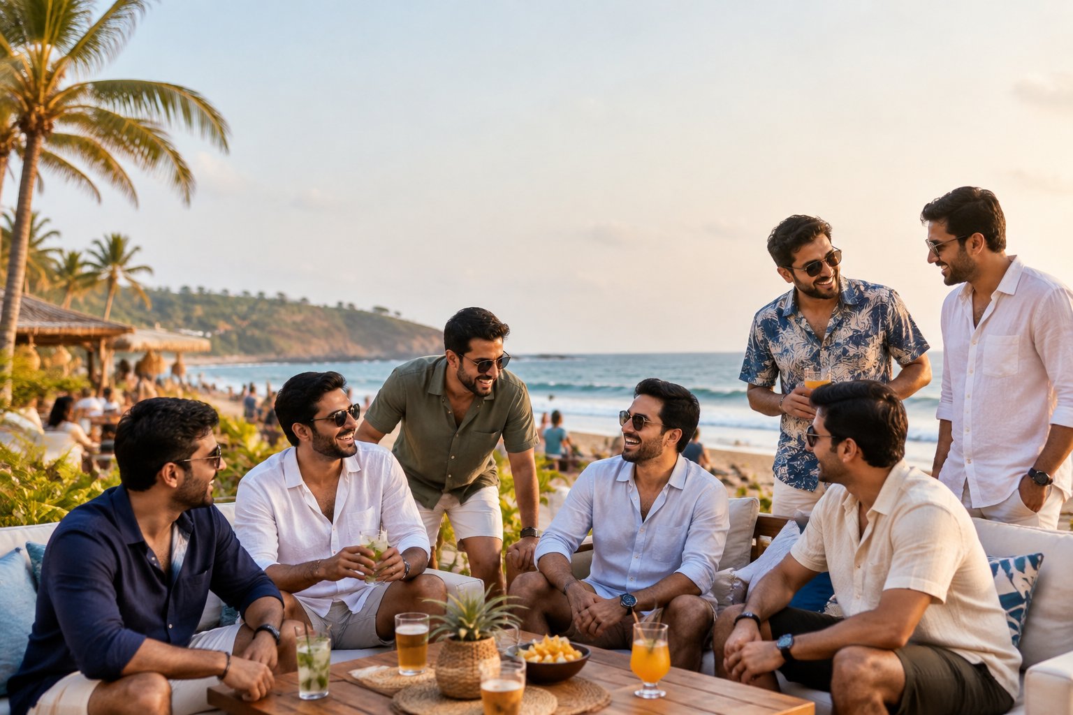 A group of friends enjoying a celebration at a tropical beachfront club in Goa.