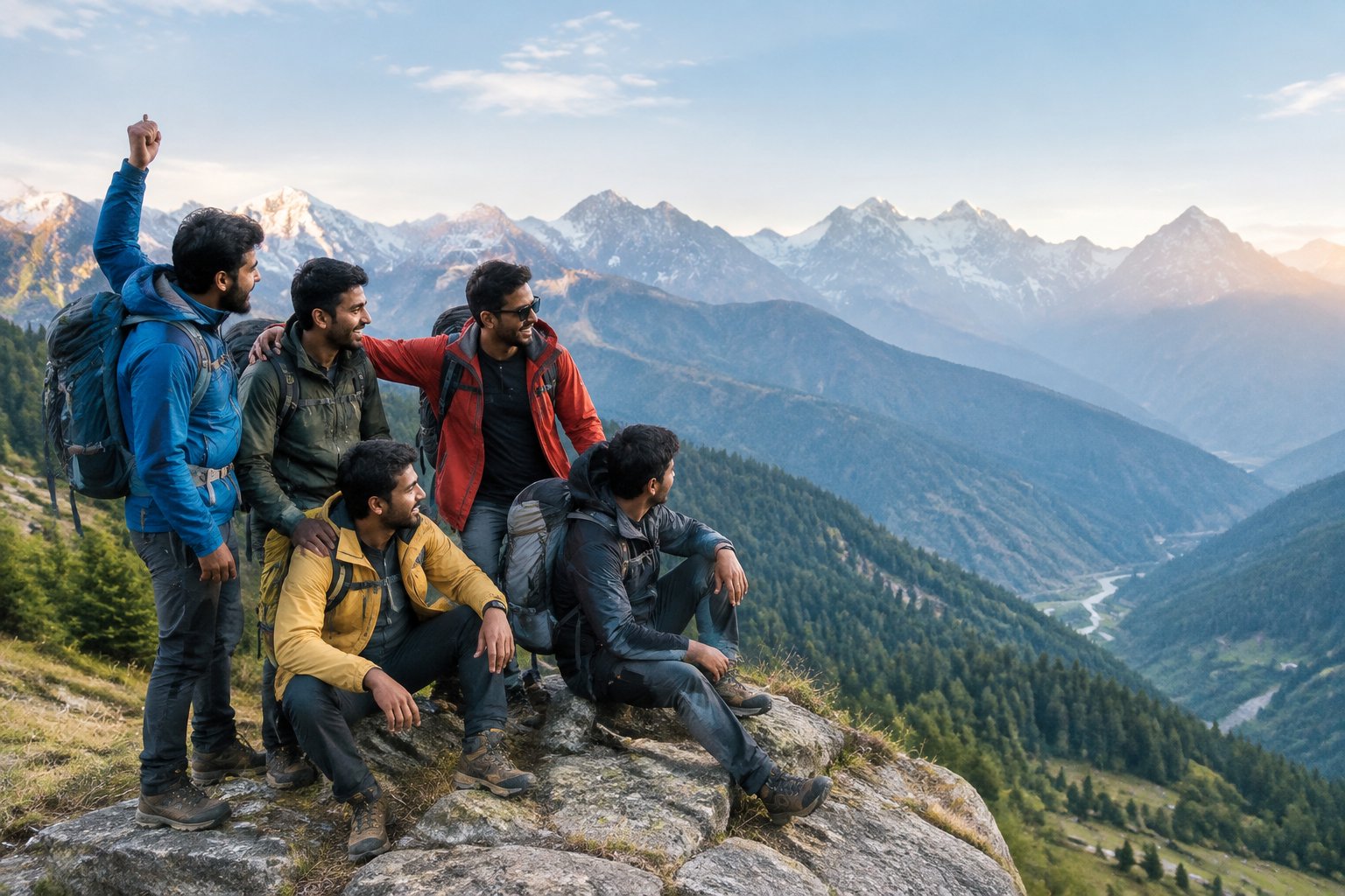 A group of friends celebrating at a scenic Himalayan mountain overlook.