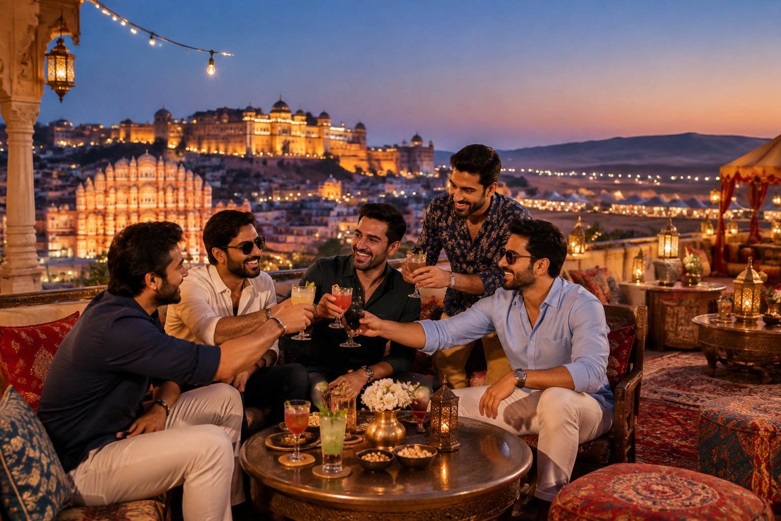 A group of friends celebrates on a rooftop overlooking illuminated Jaipur architecture, with desert-inspired decorations and lanterns.
