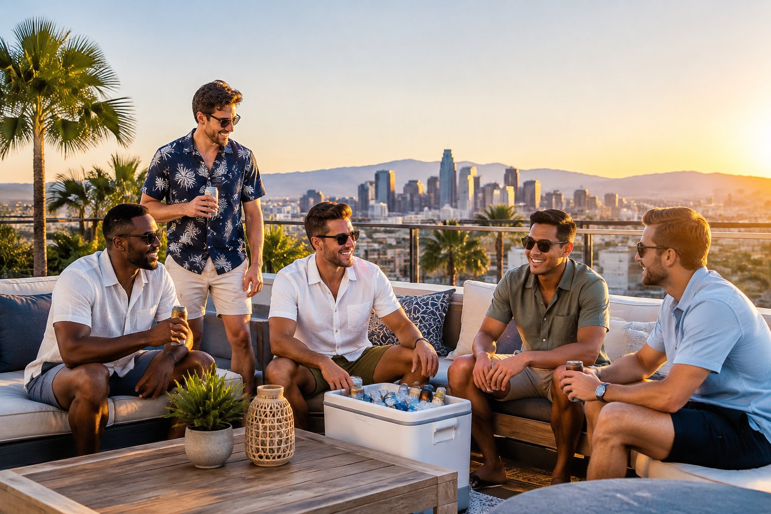 A group of friends enjoying a sunny rooftop getaway overlooking a city skyline.