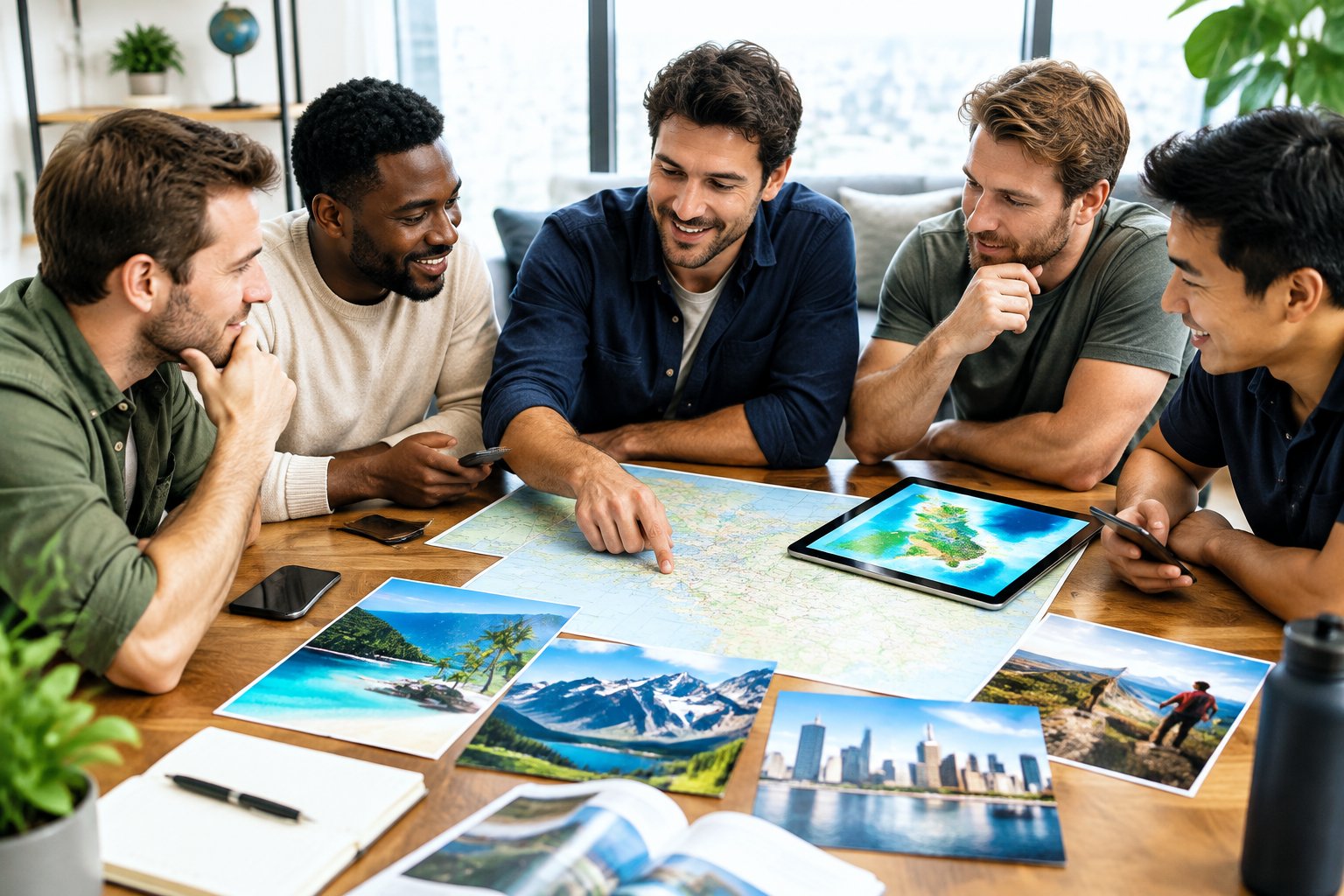 A group of friends compares travel options around a table using maps, phones, and a tablet.