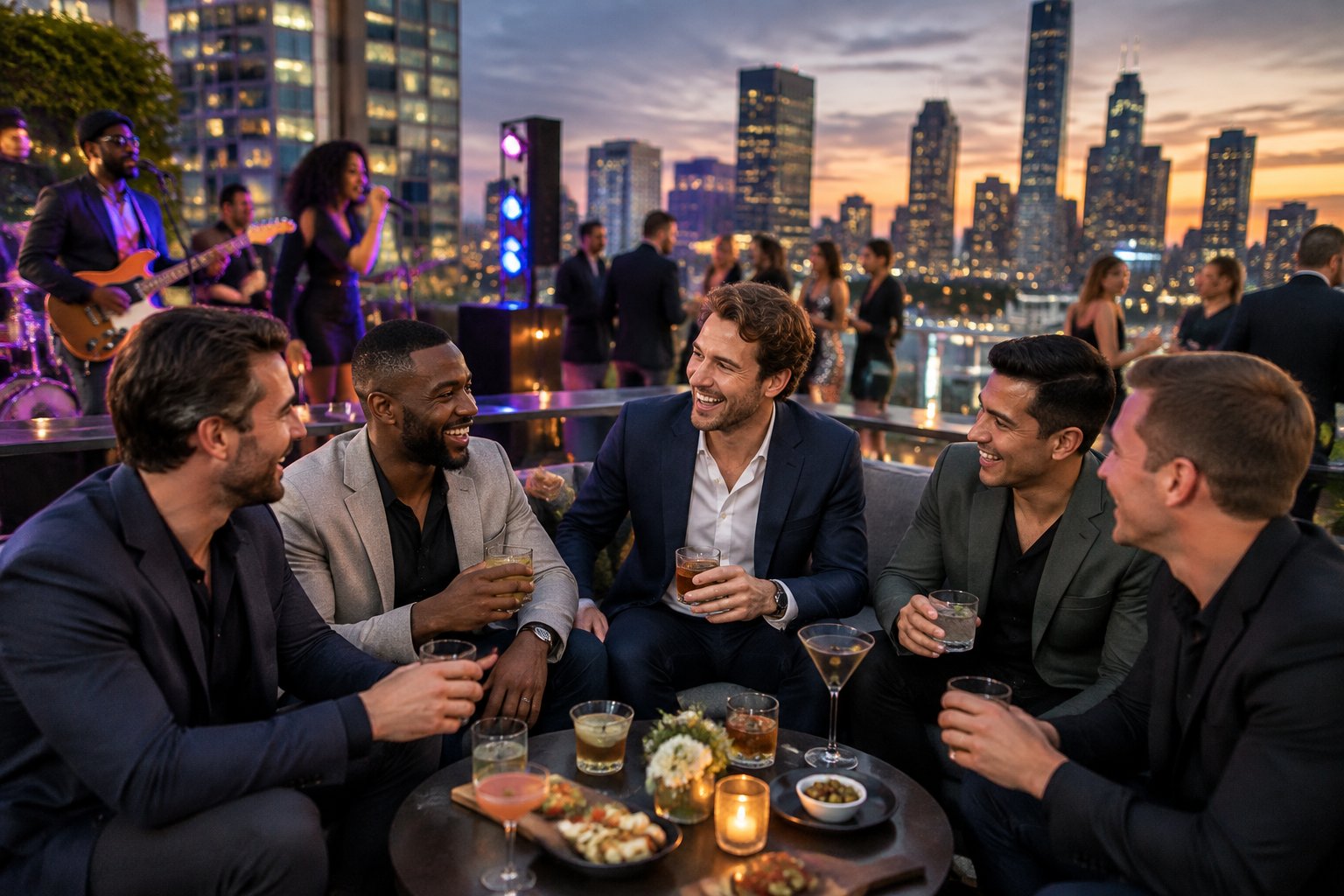 A group of friends enjoying music and drinks at a rooftop city nightlife venue.