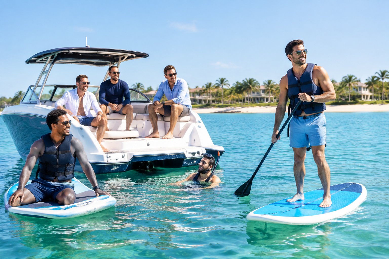 A group of friends enjoys boating and water sports near a sunny beach.