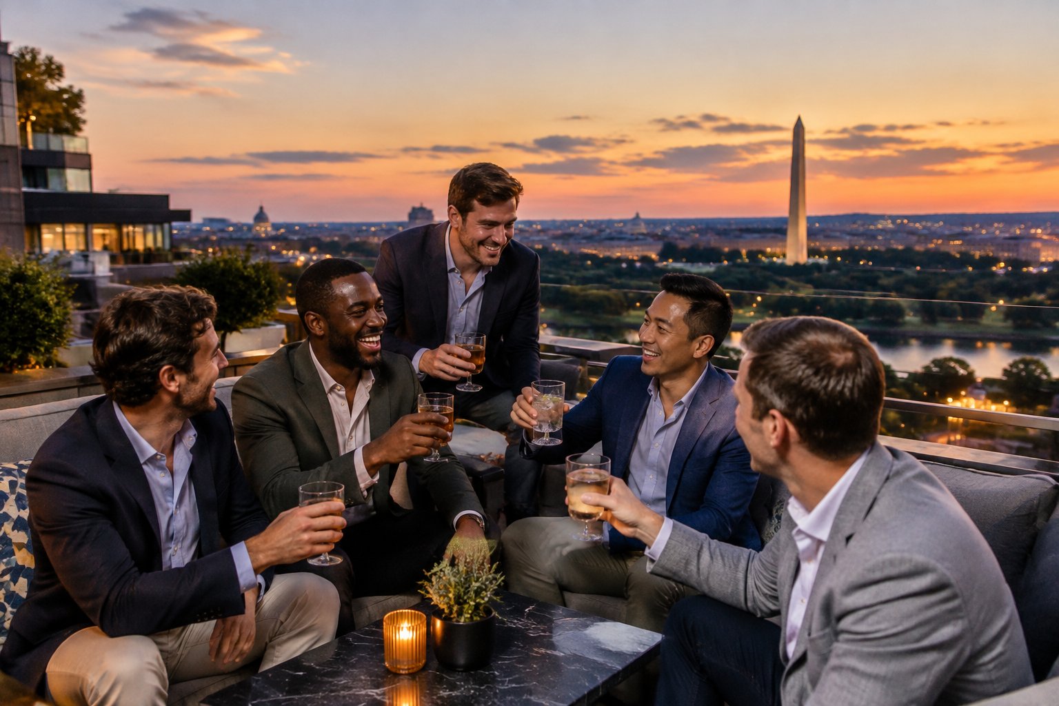 A group of friends celebrating together on a rooftop overlooking Washington, DC, with the Washington Monument in the background.