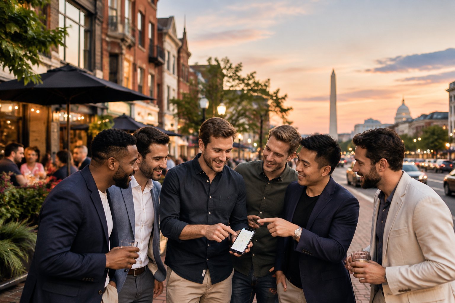 A group of friends explores a lively Washington, DC neighborhood while planning a bachelor party evening.