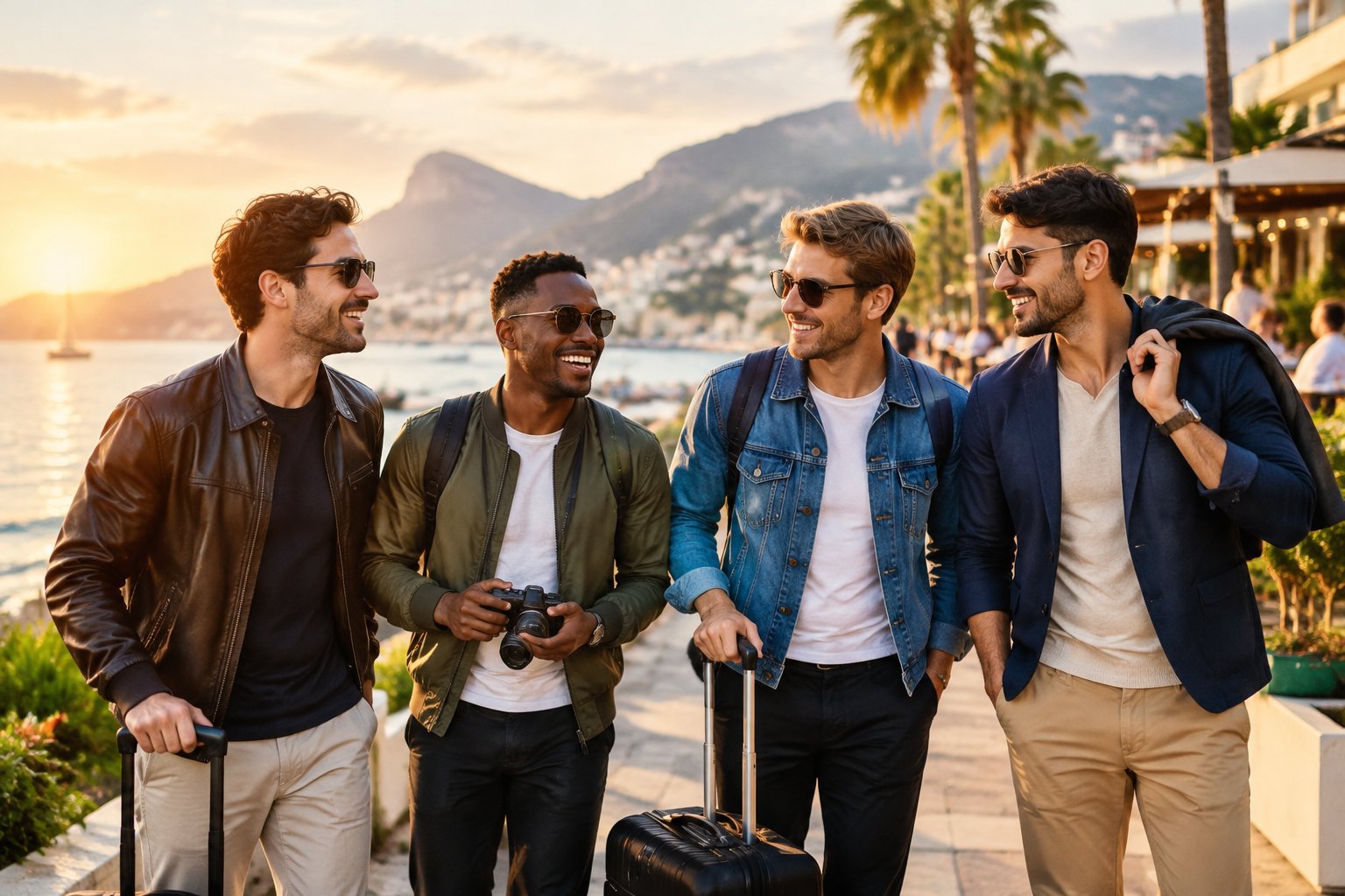 A group of adult friends wearing stylish jackets gathers with luggage at a sunny coastal travel destination.