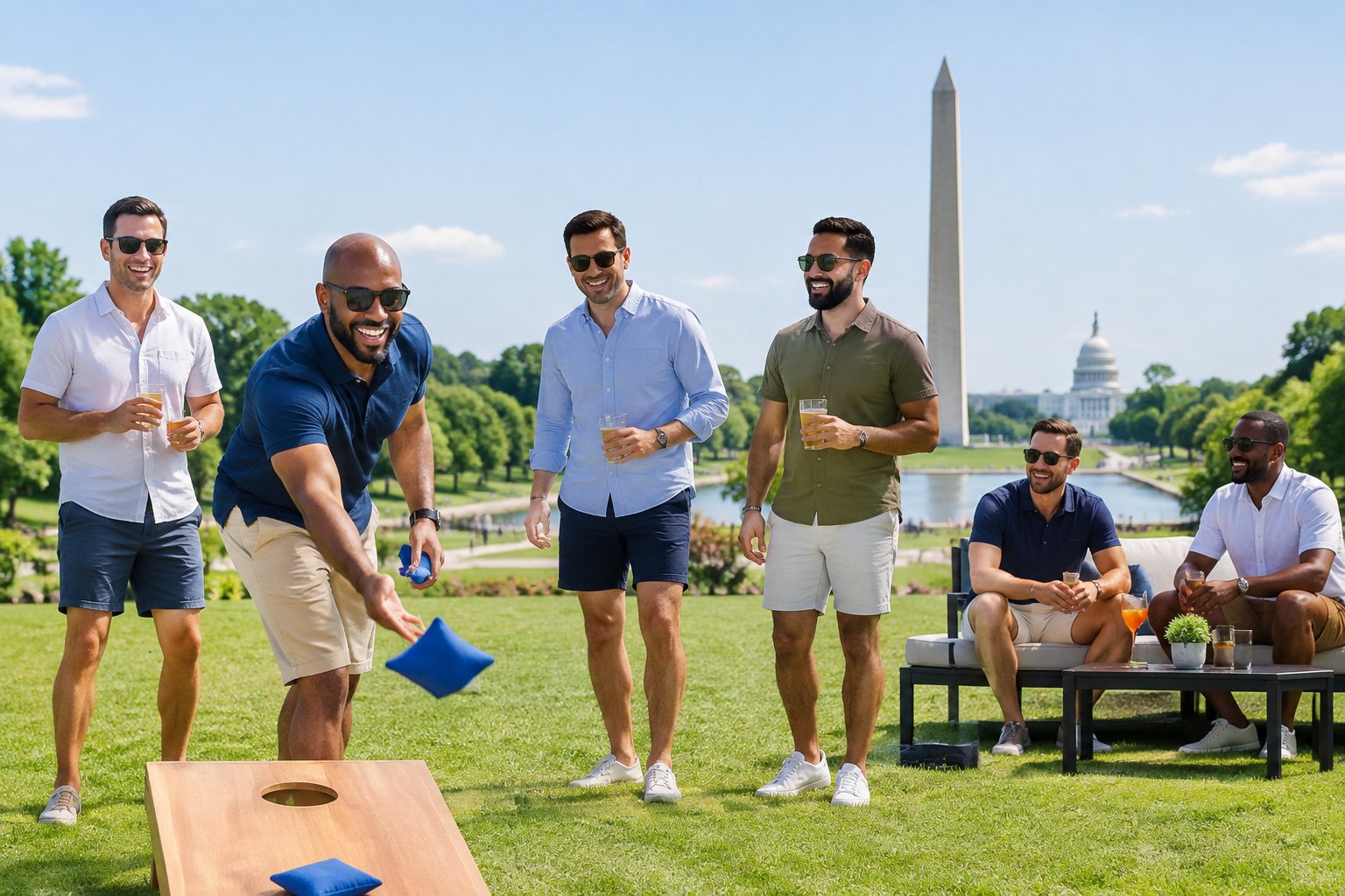 A group of friends enjoying daytime activities near Washington, DC landmarks.