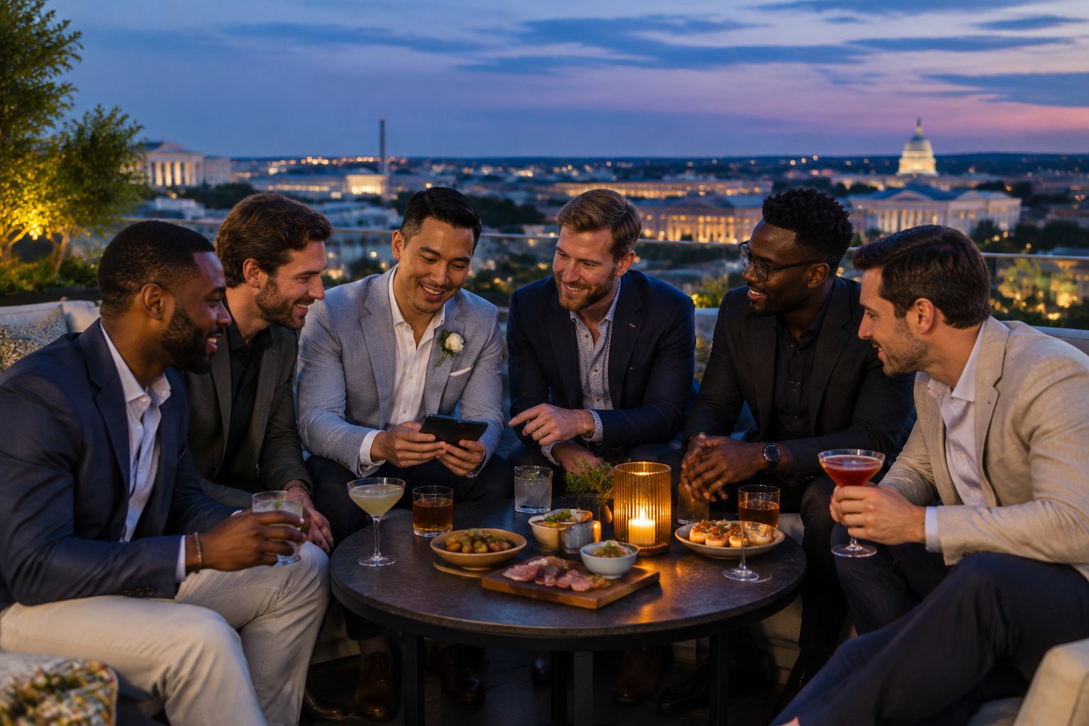 Friends gather on a Washington, DC rooftop to plan a sophisticated bachelor party evening.