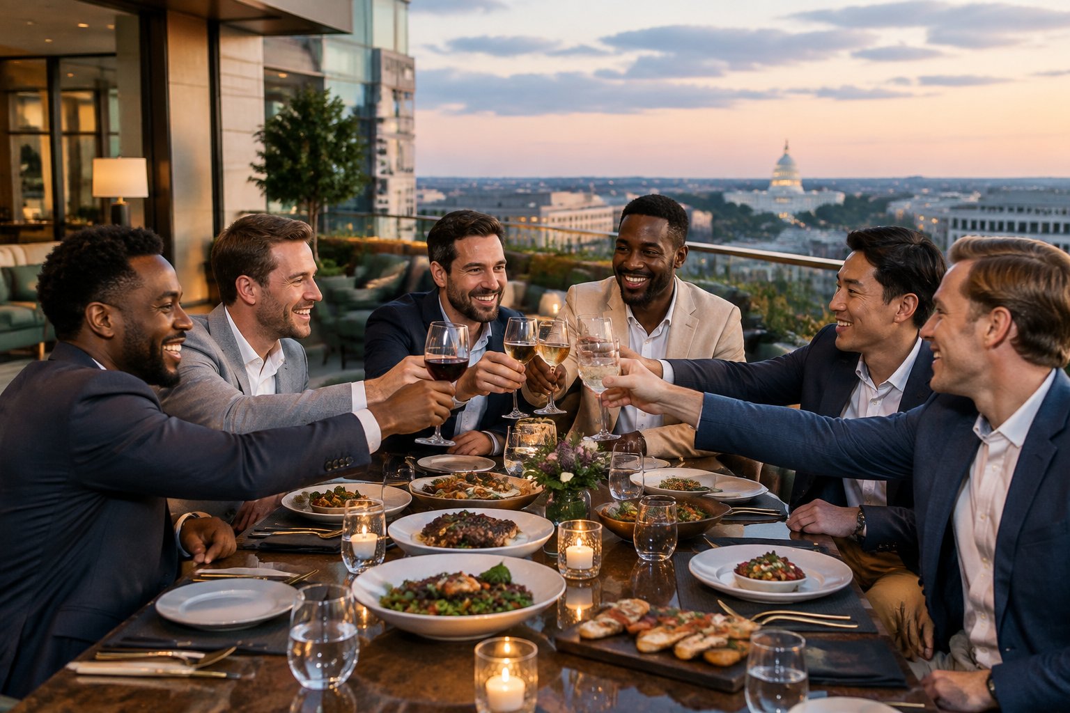 A group of friends sharing a celebratory dinner at an upscale Washington, DC restaurant with a city landmark visible in the background.
