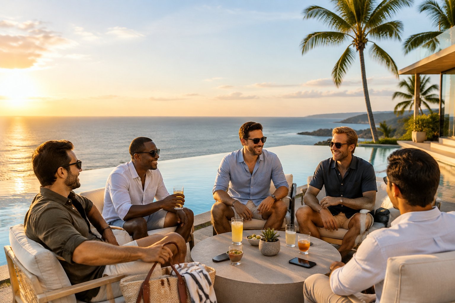 A group of male friends celebrating together at a tropical coastal resort.