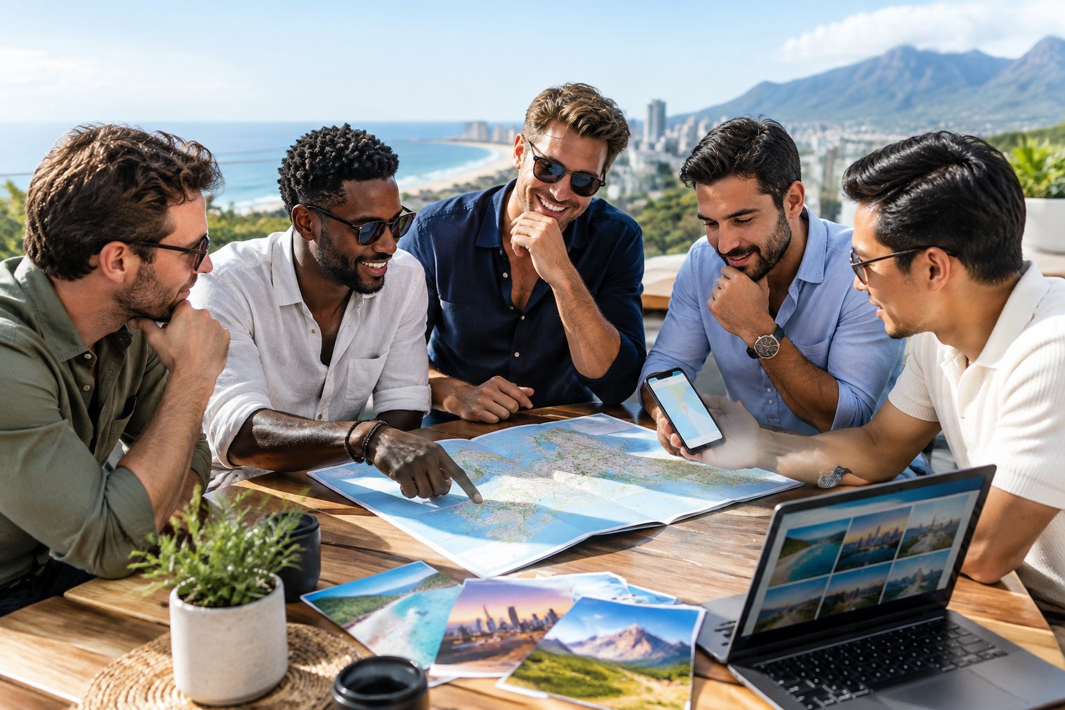 A group of friends compares travel options around a table on a sunny terrace.
