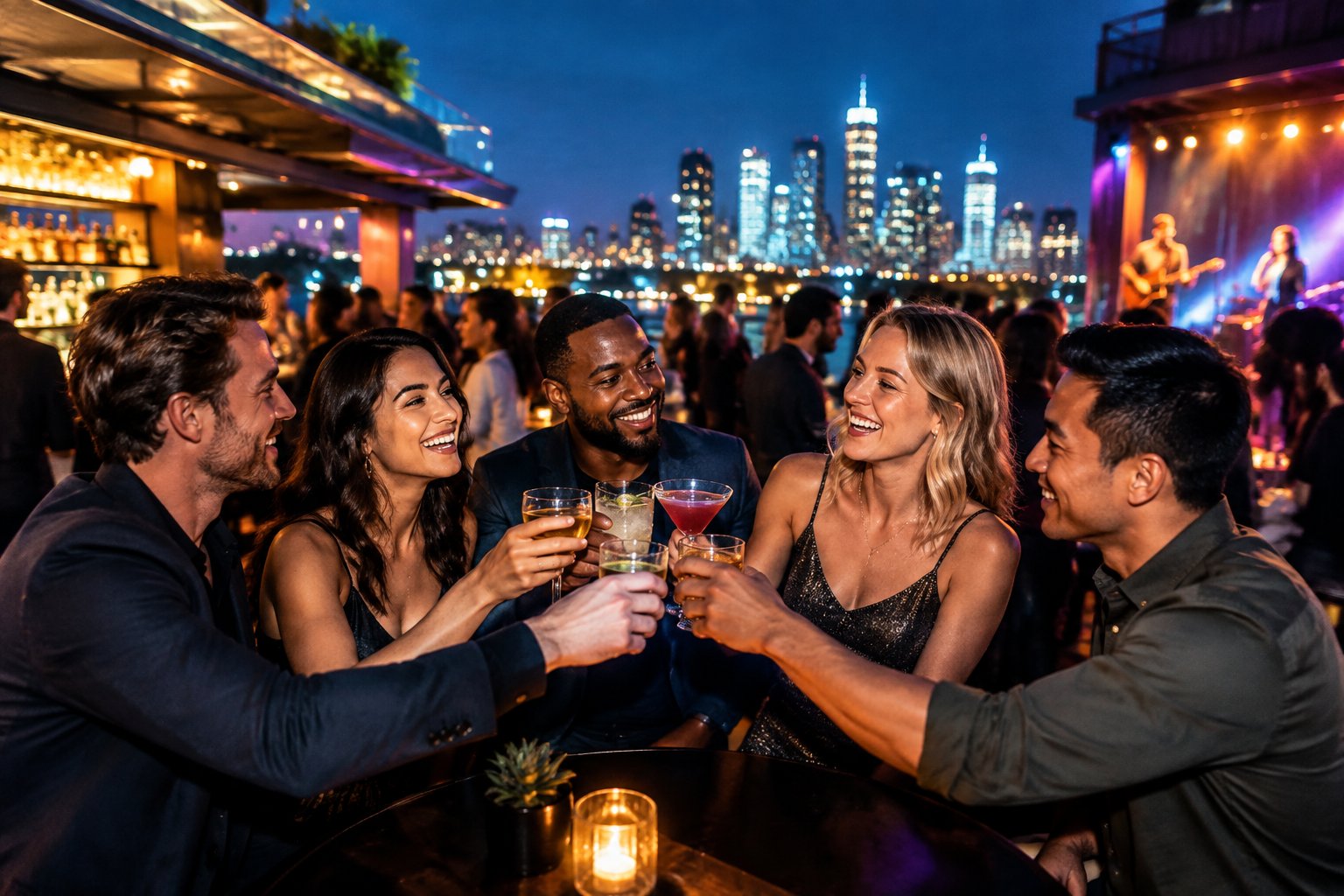 A group of friends celebrating together on a lively city nightlife street near bars and music venues.