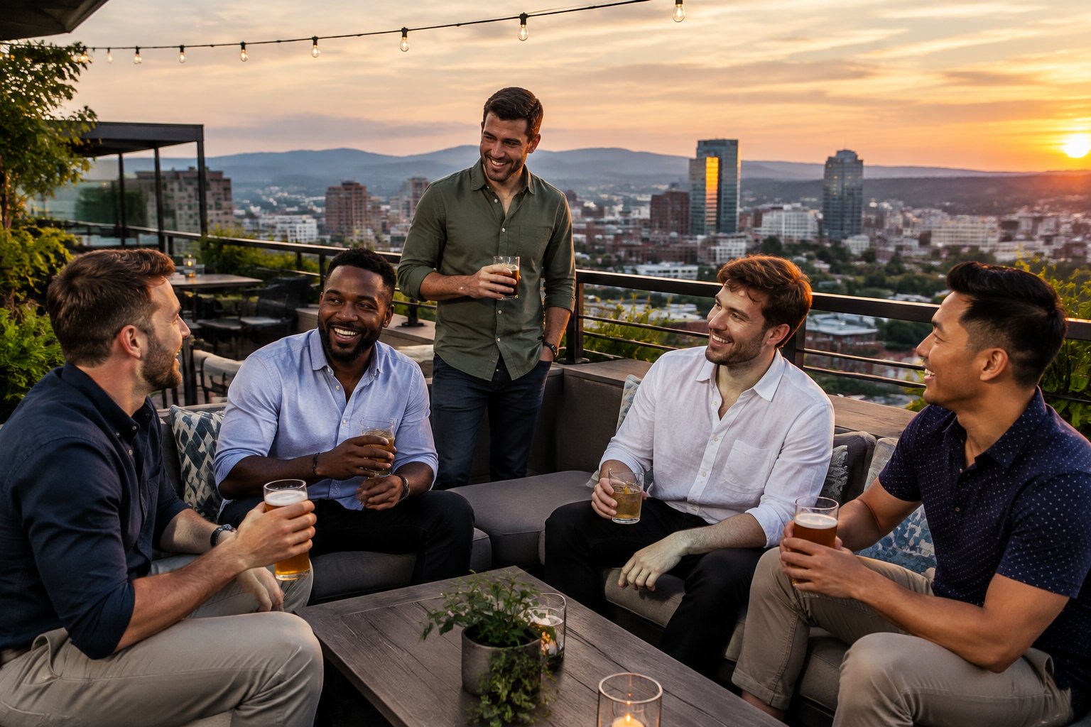 A group of friends celebrating together on a rooftop terrace overlooking a city at sunset.