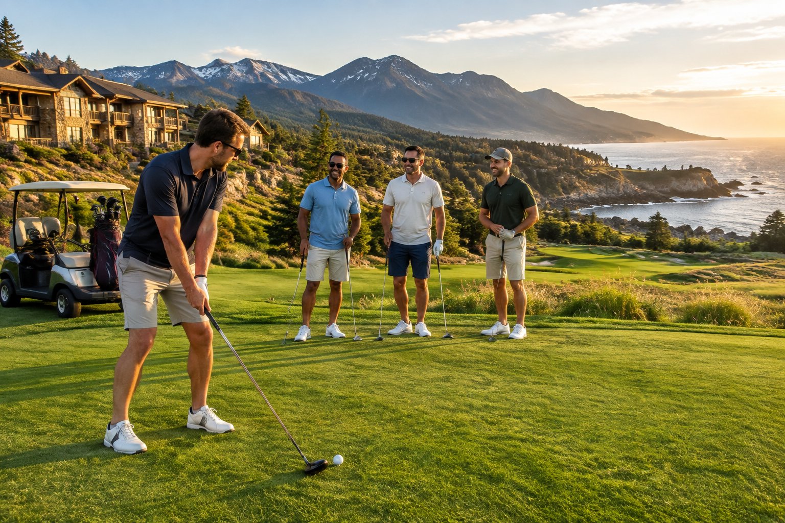 Friends play golf at a scenic resort surrounded by mountains and outdoor landscapes.