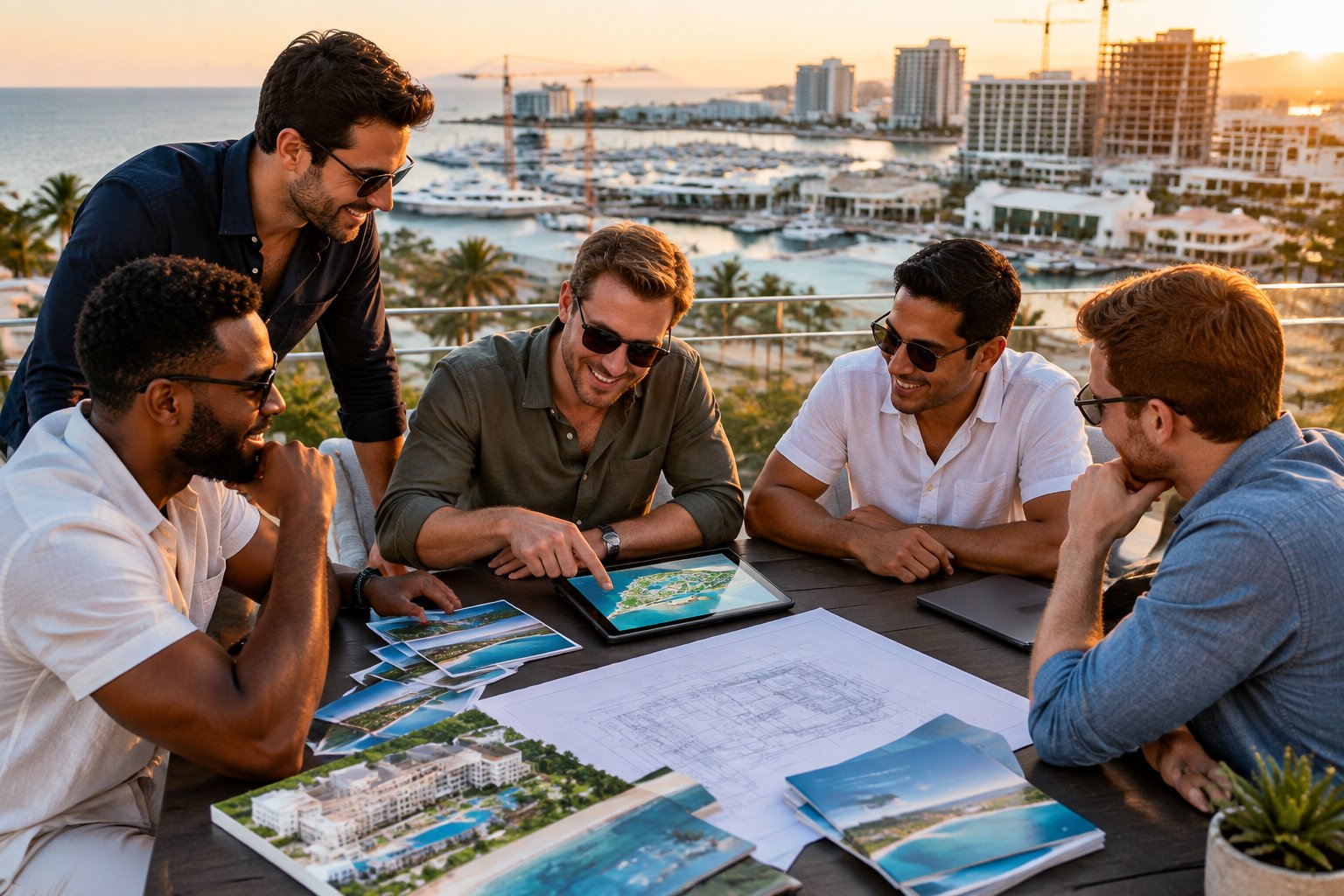 A group of friends plans a bachelor party while overlooking a developing coastal resort city.