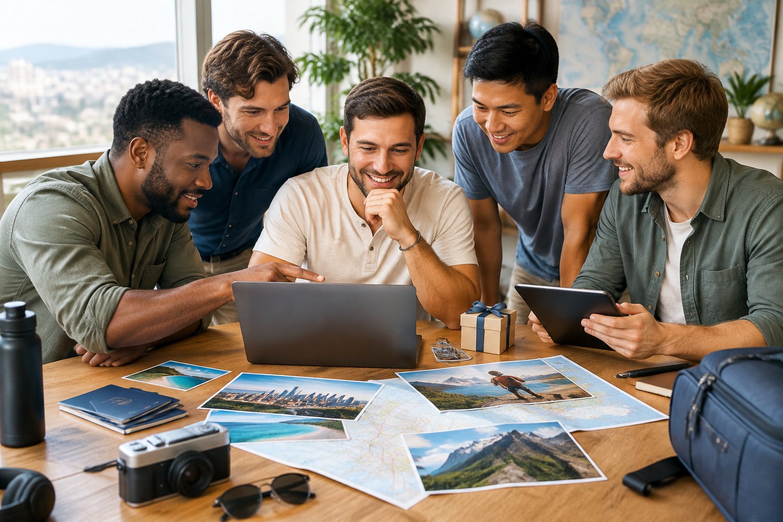 A group of friends compares travel options and plans a bachelor party trip around a table.