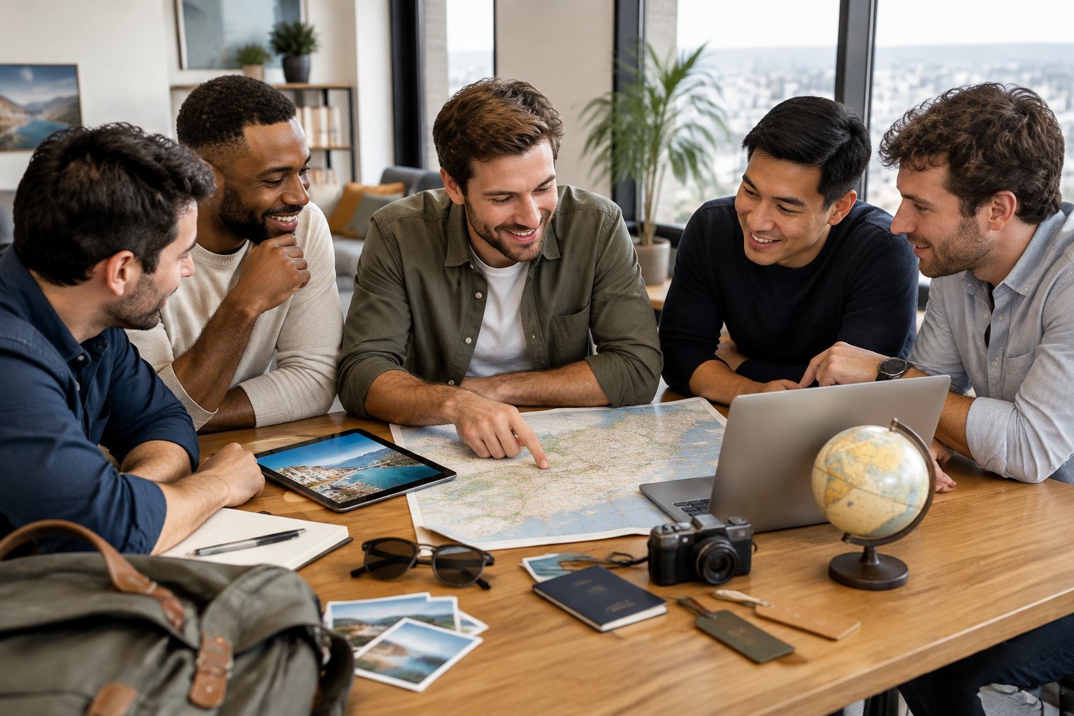 Friends gather around a table to plan a personalized bachelor party trip for the groom.