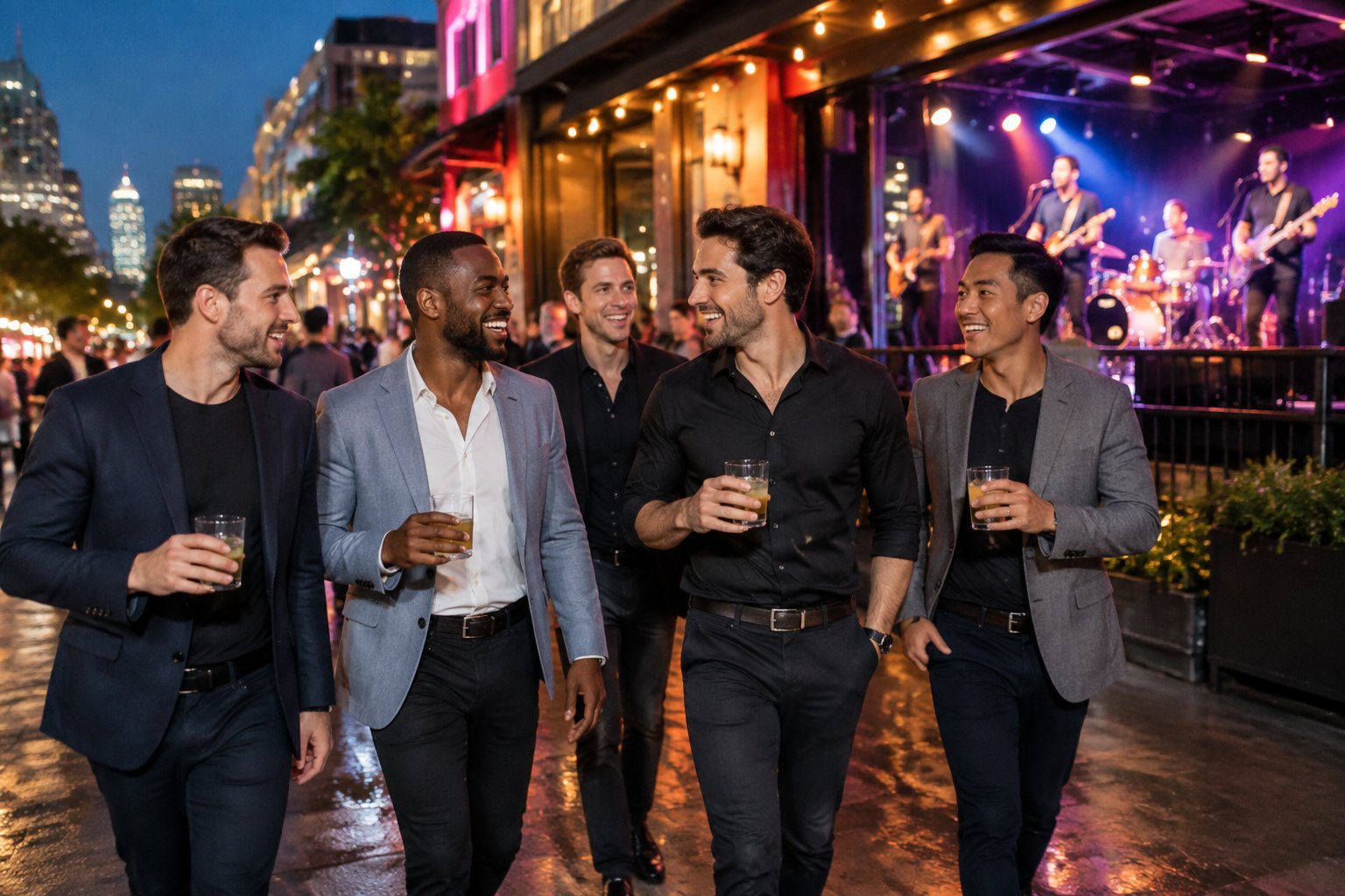 A group of friends enjoys an evening near a lively city music venue.