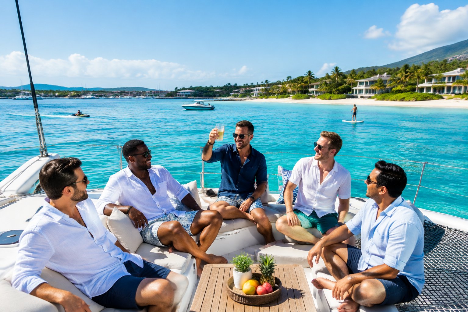 A group of adult friends celebrates aboard a catamaran near a sunny tropical beach.