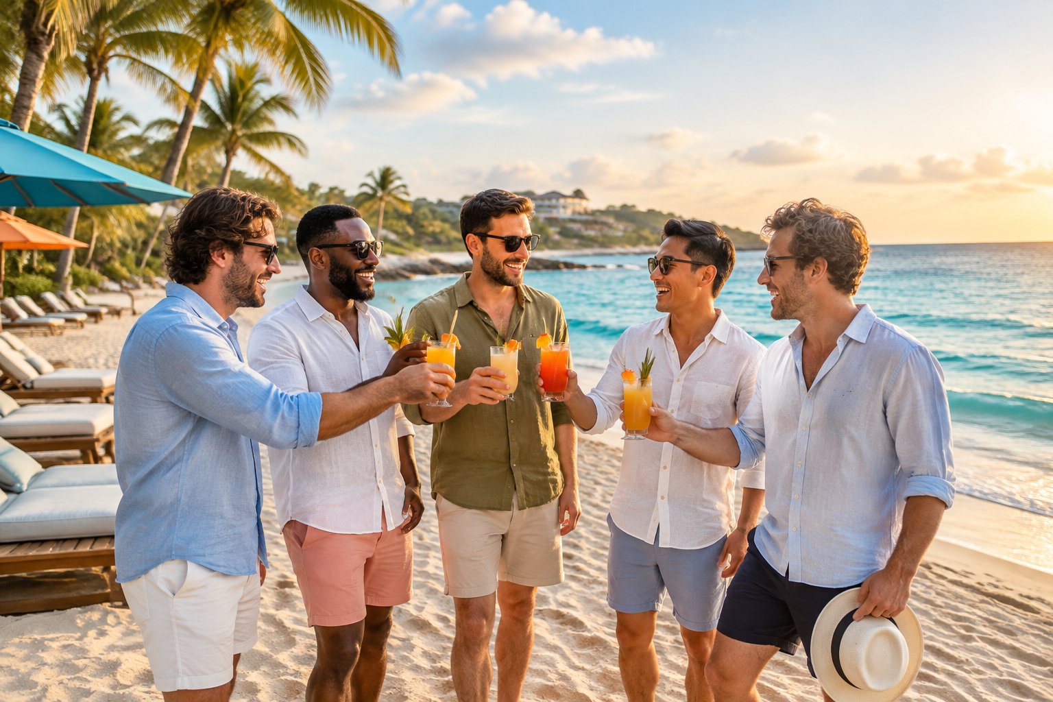 A group of friends enjoying drinks together on a sunny tropical beach.