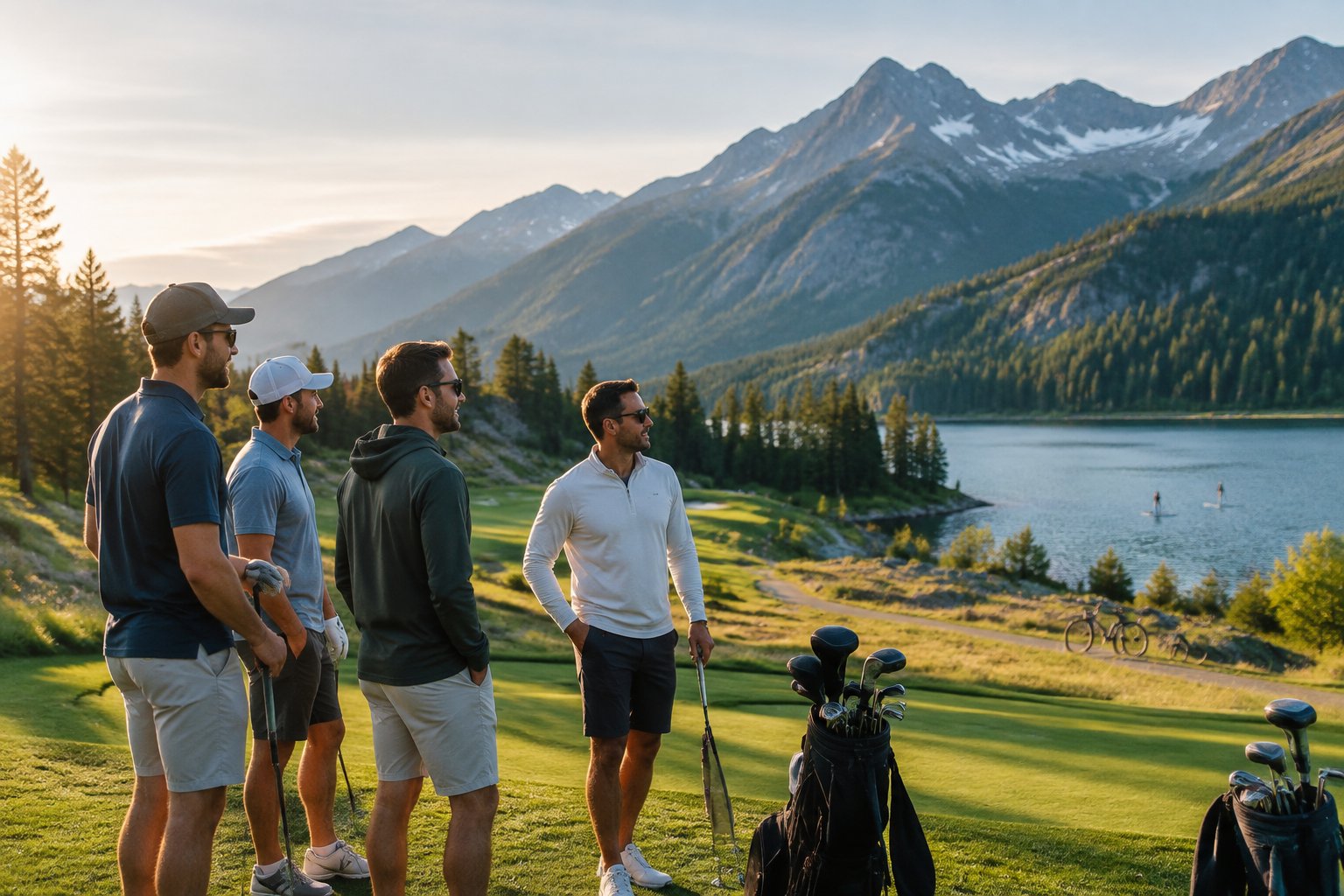 Friends gather beside a golf course with mountains, a lake, and outdoor activities in the background.