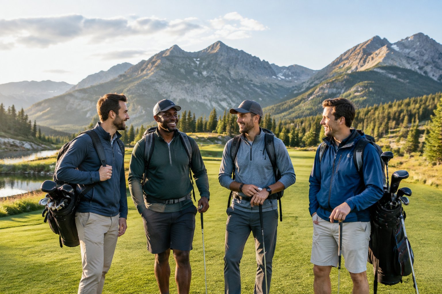 Four friends gather beside a golf course surrounded by forested mountains.