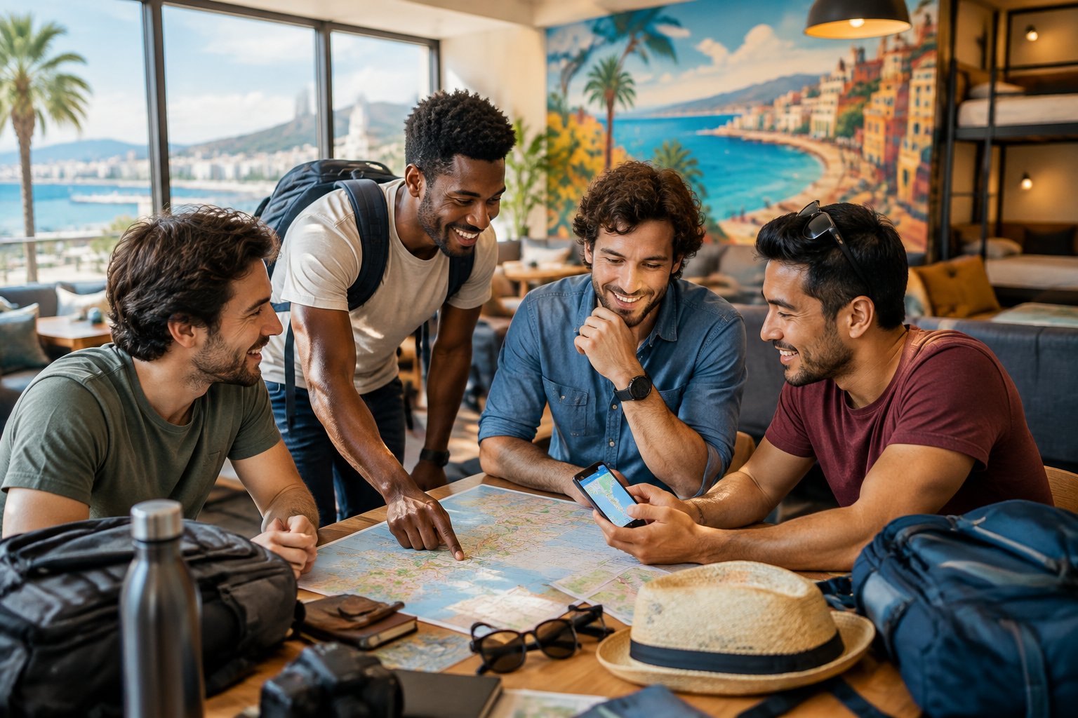 A group of friends plans a trip together in a bright hostel common room.