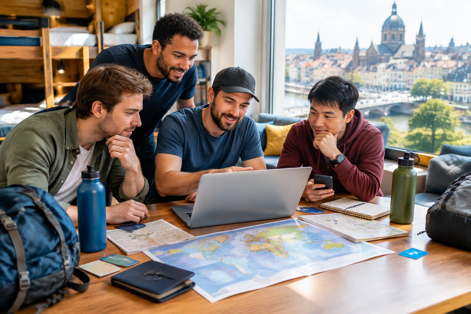 Friends compare travel options in a hostel common room while planning a bachelor party destination.