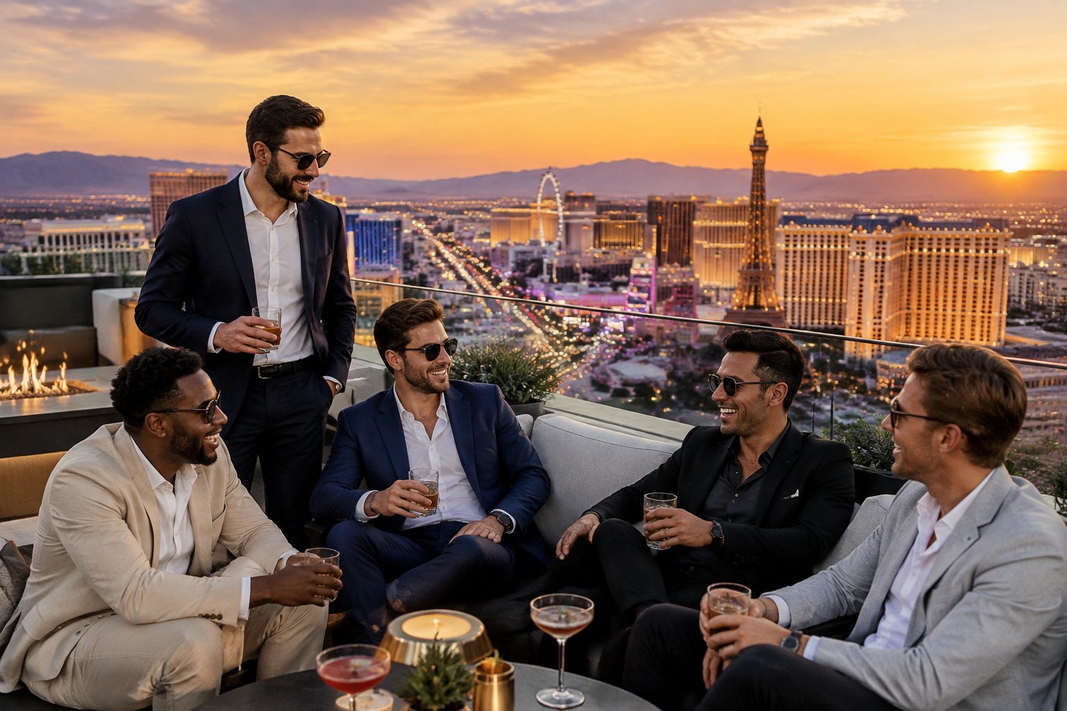 A group of friends celebrating at a rooftop lounge overlooking the Las Vegas Strip at sunset.