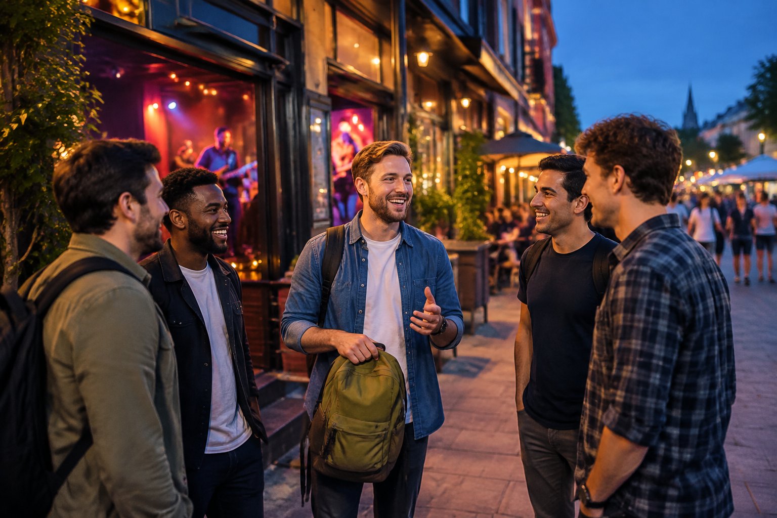A group of friends gathers outside a hostel near a lively music venue at night.