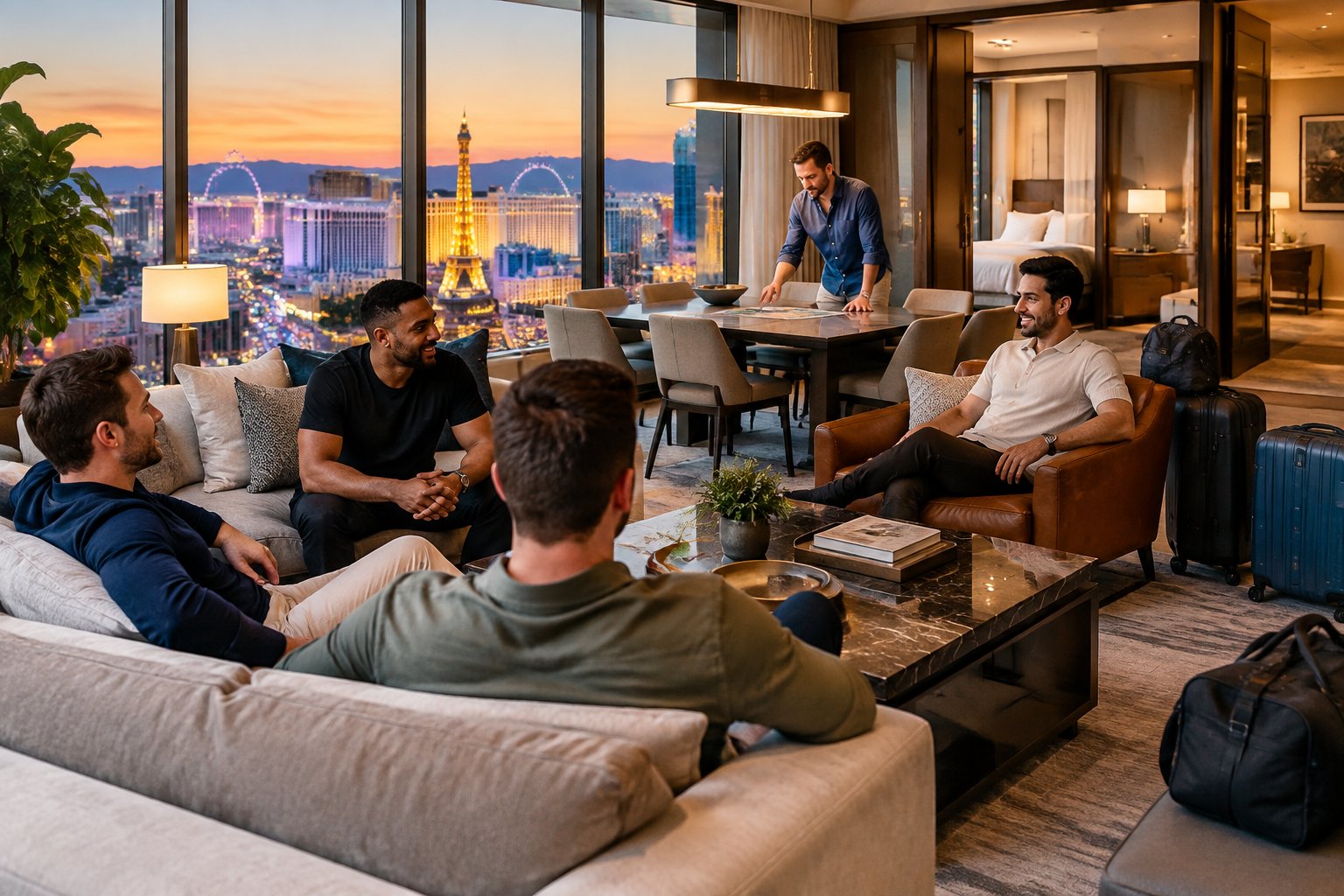 A group of friends planning their Las Vegas stay together in a modern hotel suite overlooking the city.
