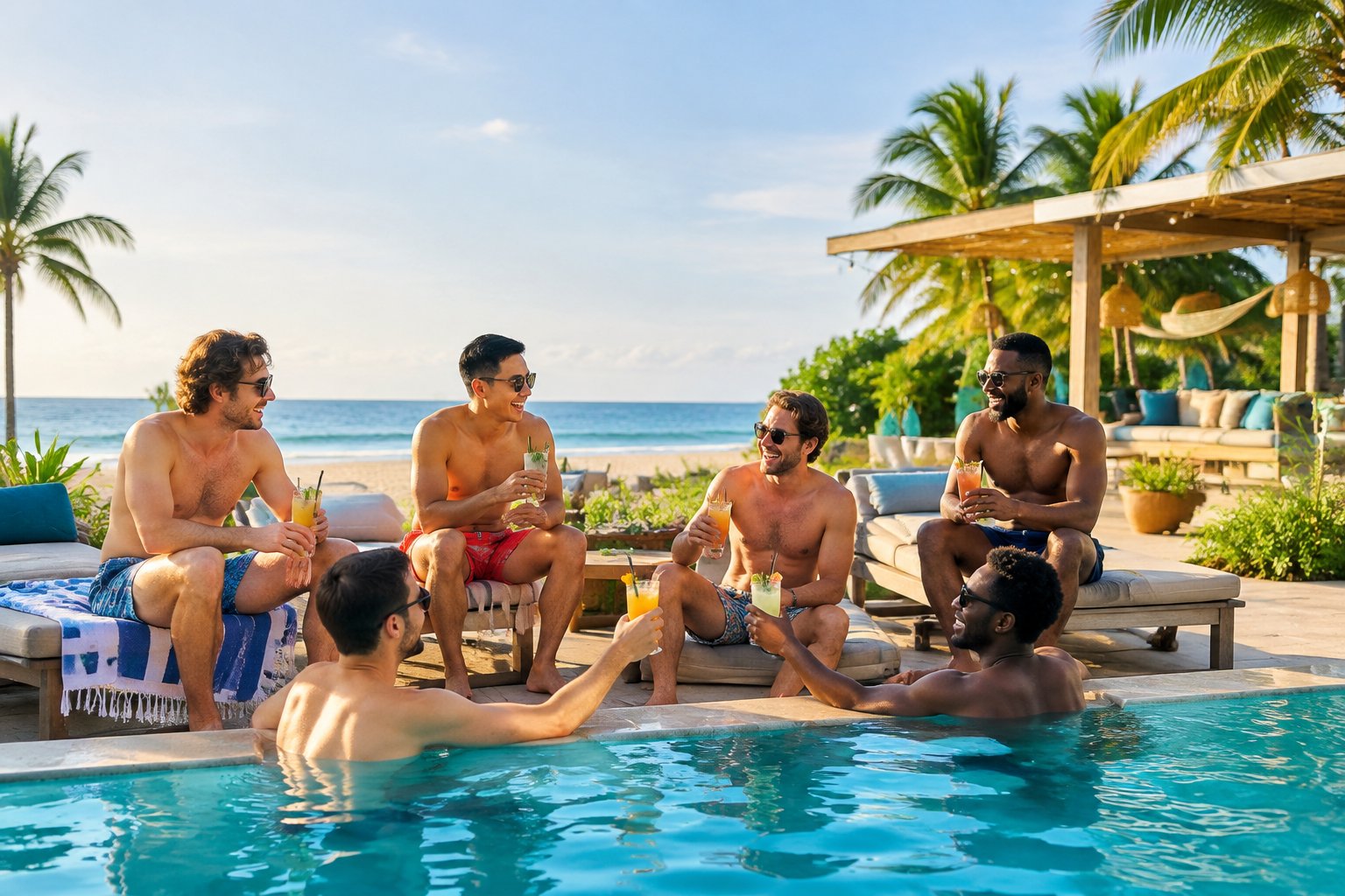 A group of friends enjoying a sunny pool party at a tropical beachfront hostel.