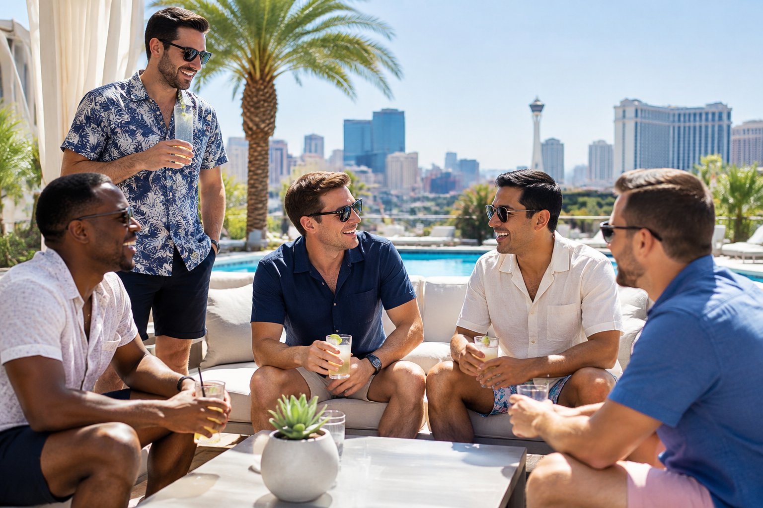 A group of friends enjoying a sunny afternoon together at a Las Vegas resort pool.