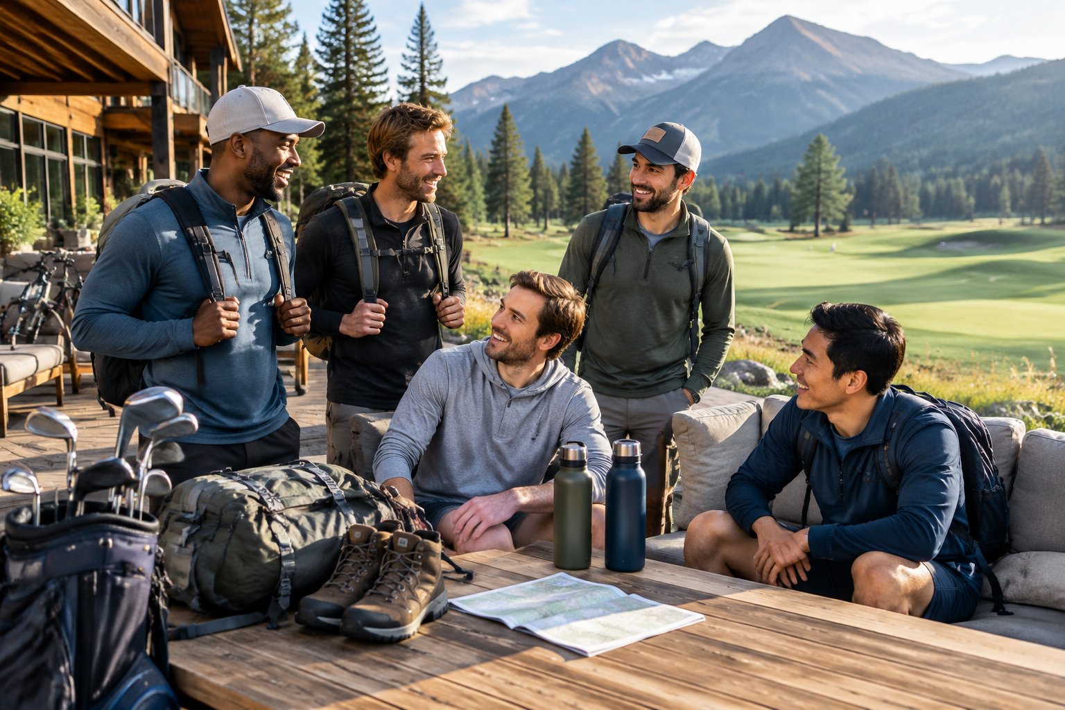 A group of friends gathers outside a hostel near a golf course and scenic mountains with golf clubs and hiking gear.
