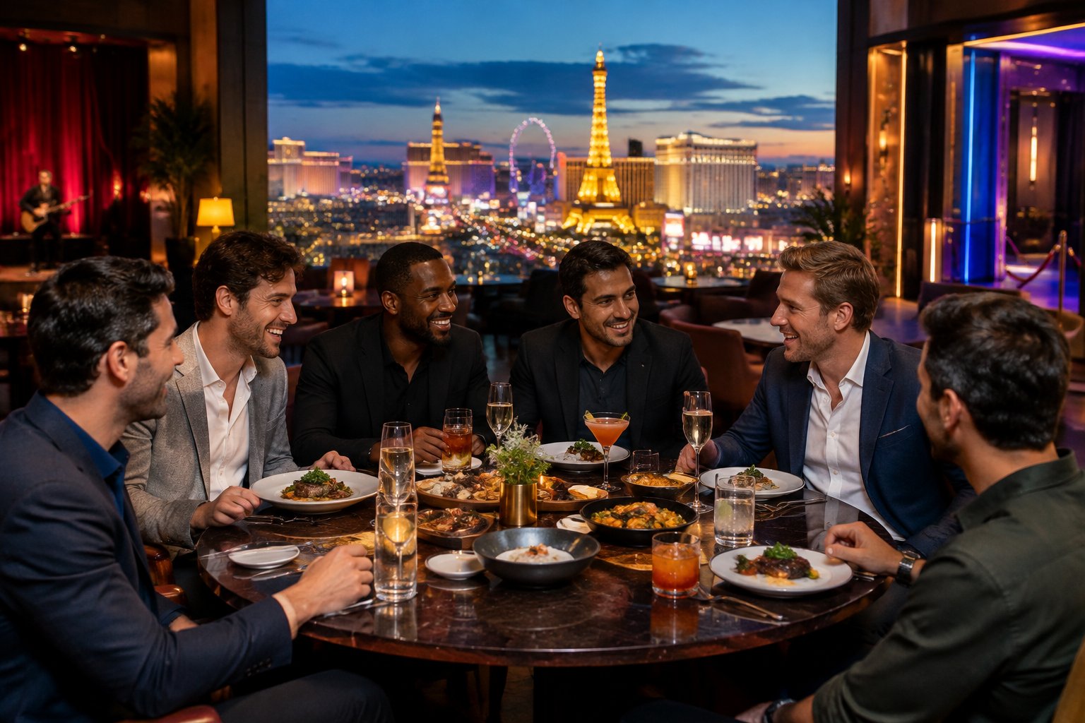 A group of friends enjoys dinner at an upscale Las Vegas restaurant while city lights and evening entertainment glow in the background.