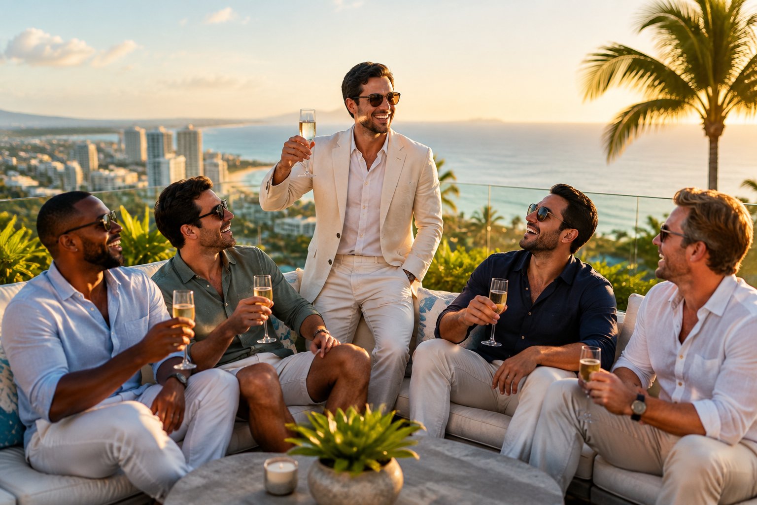 A group of friends celebrating a bachelor party on a luxury rooftop overlooking a tropical coastal city.