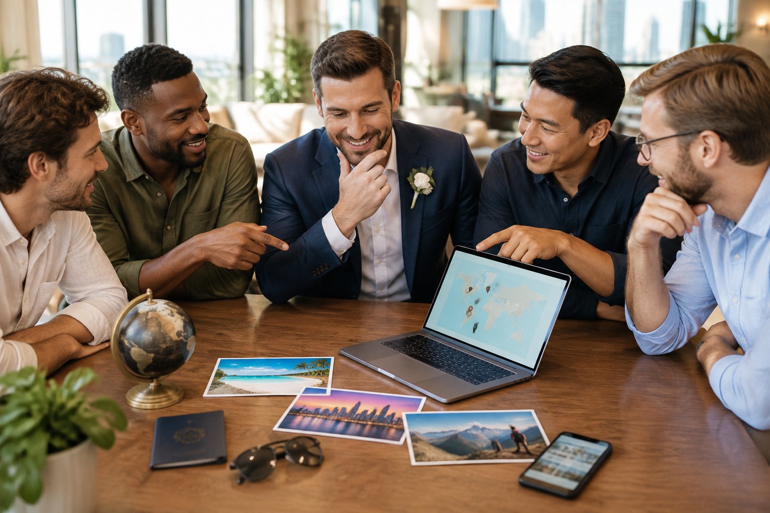 A group of friends compares travel options with the groom in a bright modern lounge.