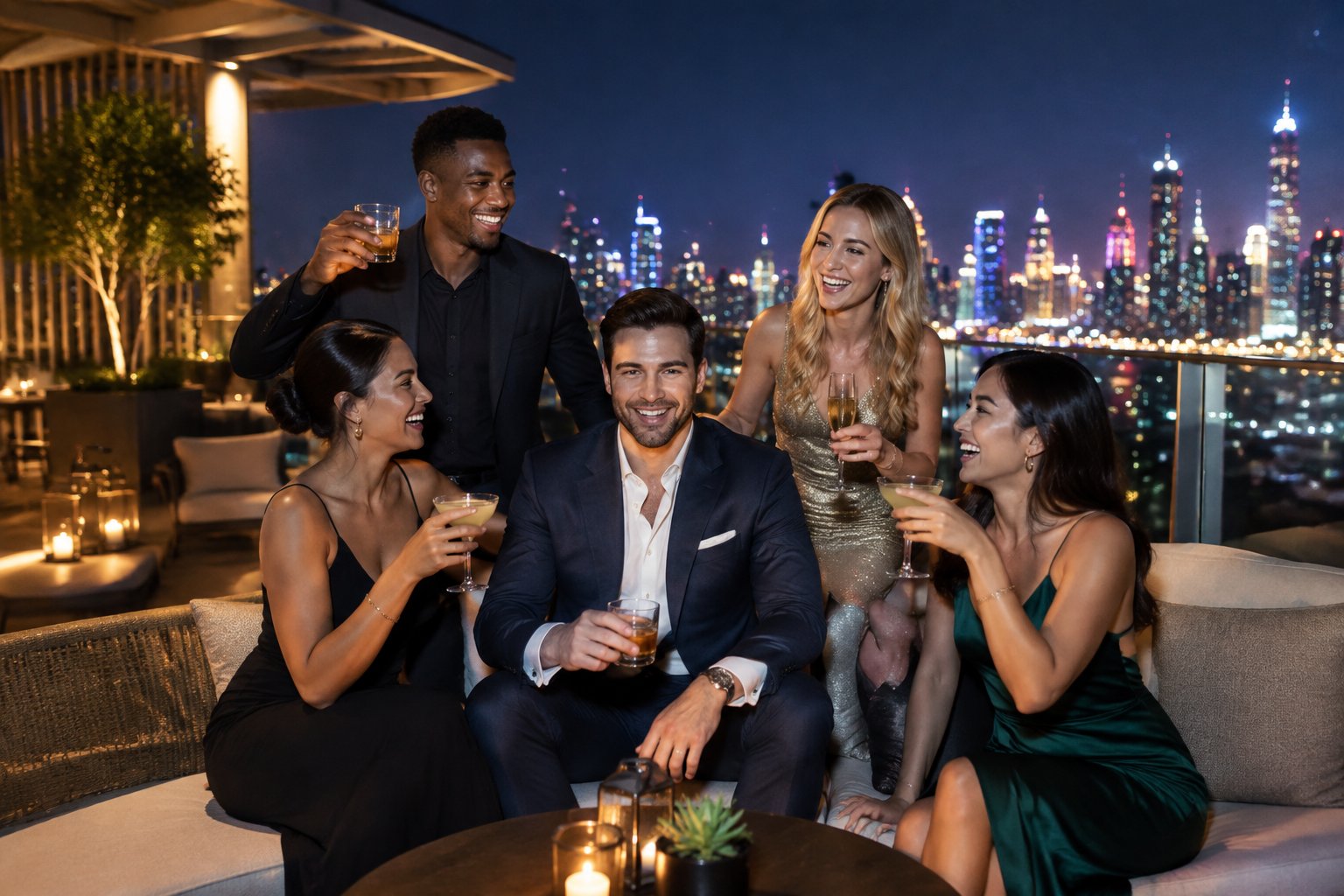 A group of stylish friends celebrates with drinks at an upscale rooftop lounge overlooking a glowing city skyline.