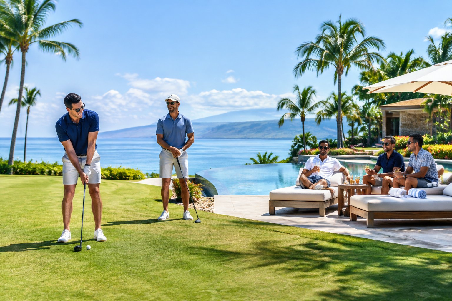 A group of friends enjoying a sunny luxury resort with a golf course and infinity pool.
