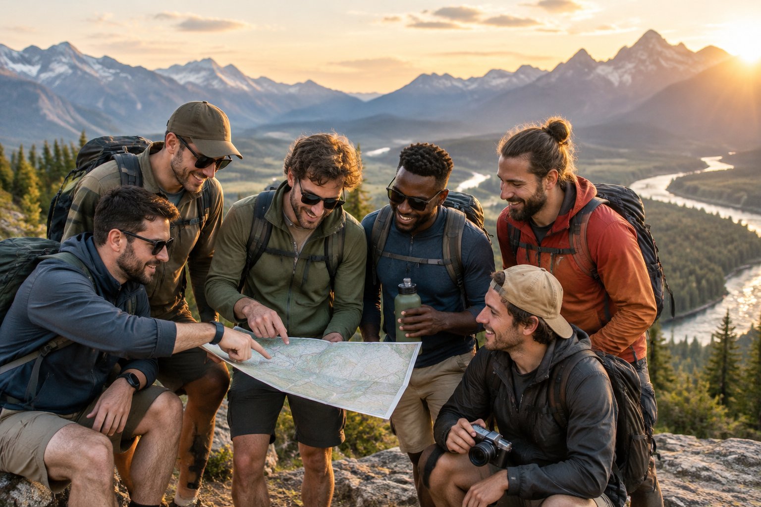 A group of friends studies a map at a scenic mountain overlook while planning an adventurous trip.