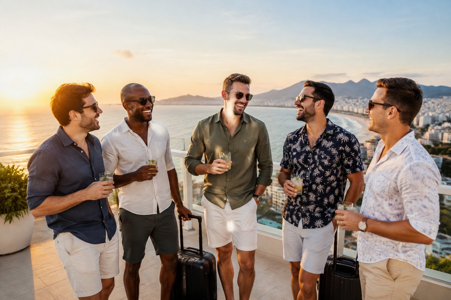 A group of friends celebrating together on a rooftop overlooking a sunny coastal city.