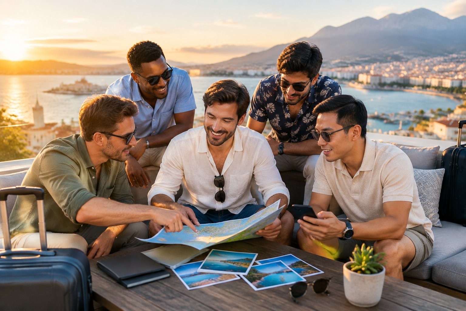 A group of friends plans a bachelor party destination together on a rooftop overlooking a city.