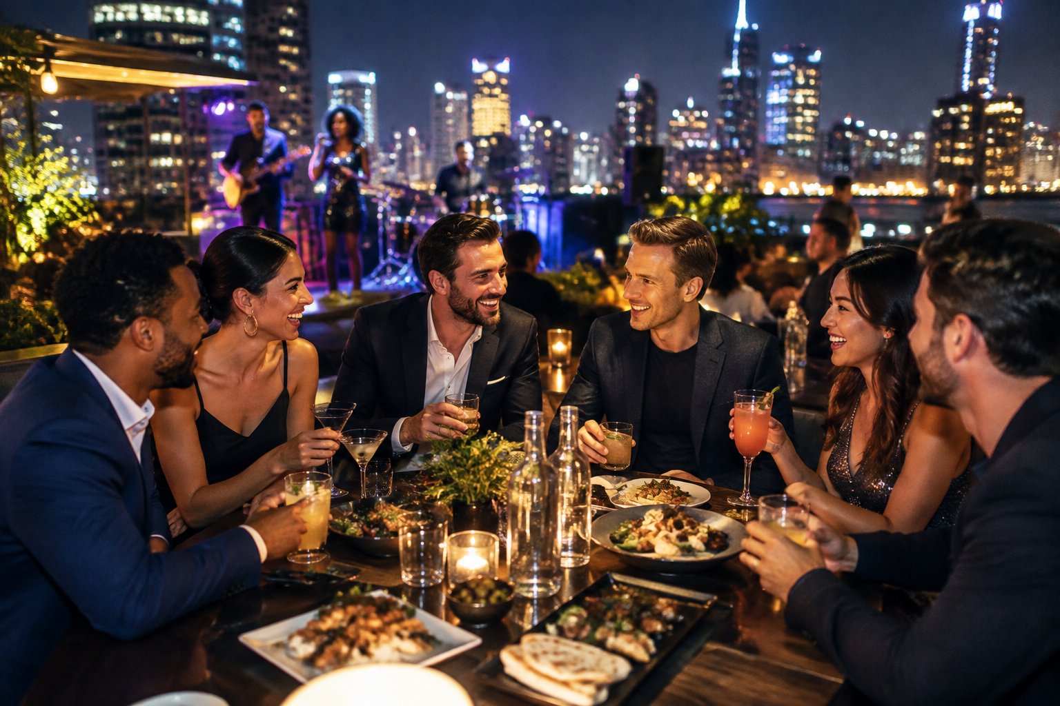 A group of friends enjoys live music, cocktails, and gourmet food at a rooftop venue overlooking a city at night.