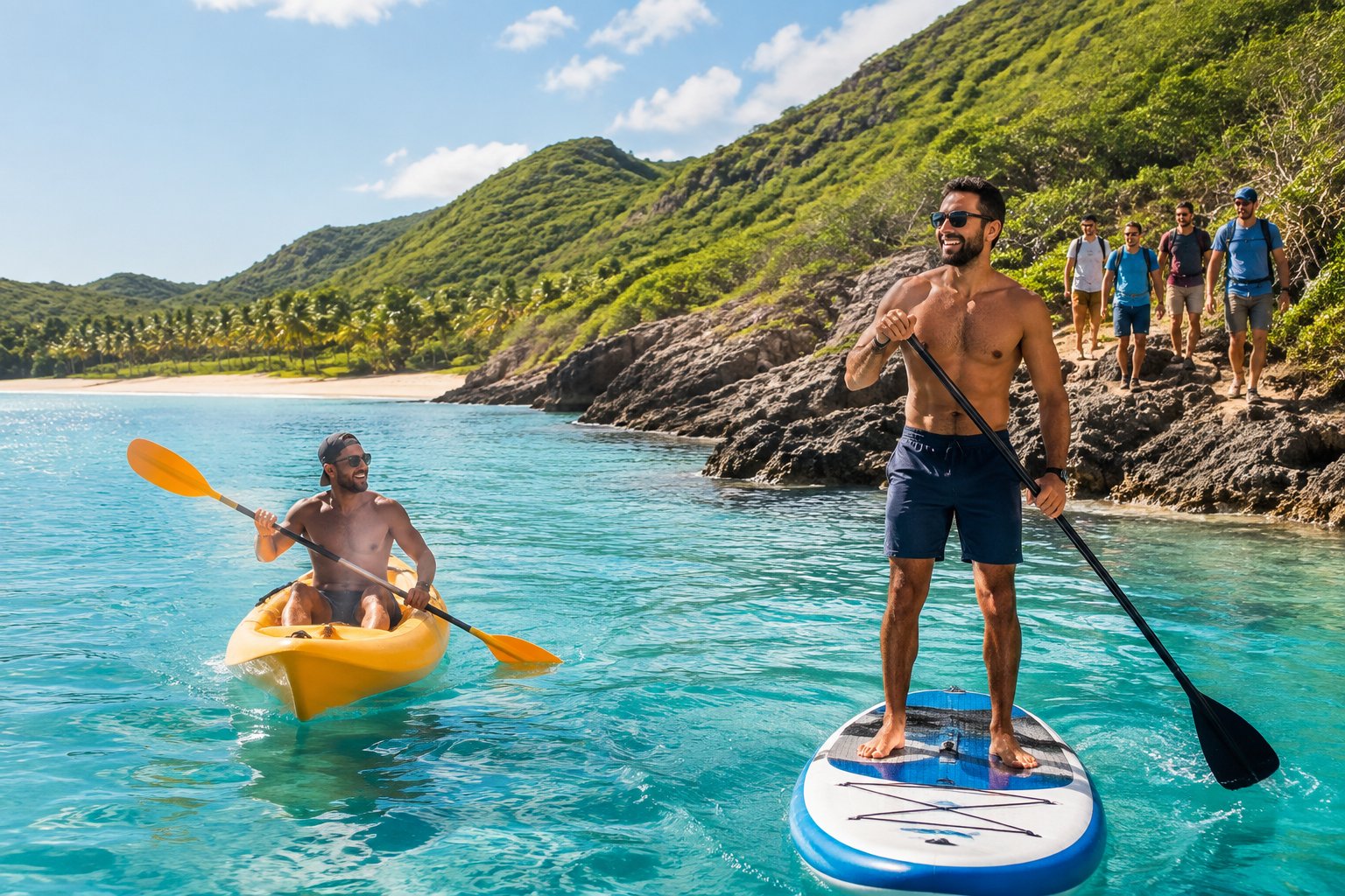 A group of friends enjoys kayaking, hiking, and relaxing along a sunny tropical beach.
