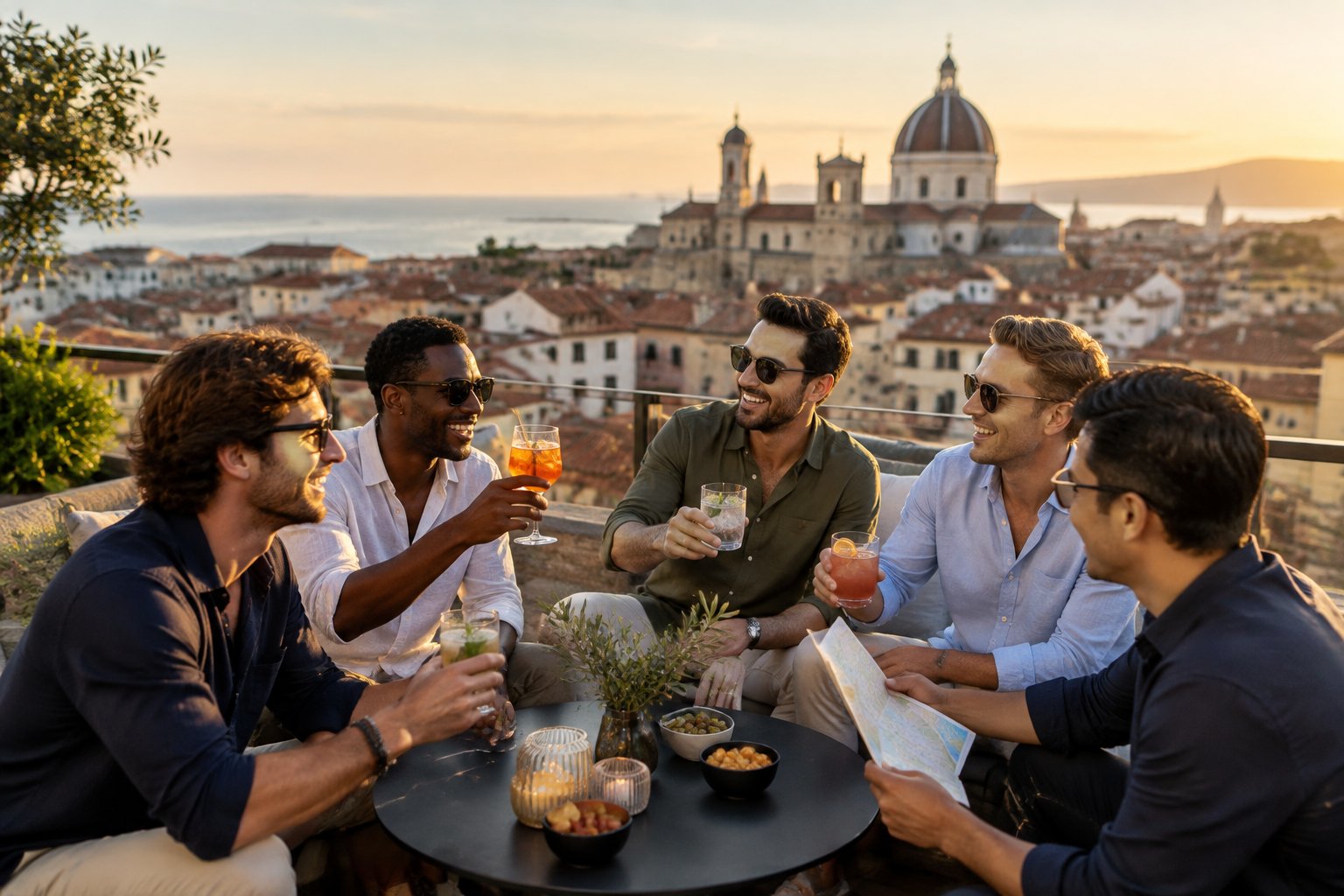 A group of friends celebrating together on a rooftop overlooking a European city.
