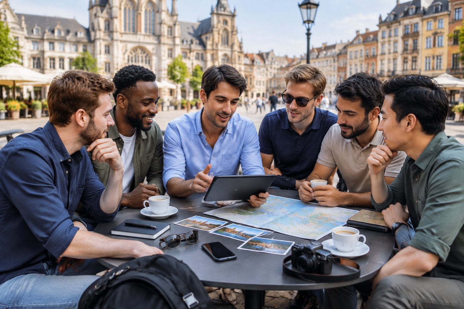 A group of friends compares travel options at an outdoor café in a European city.