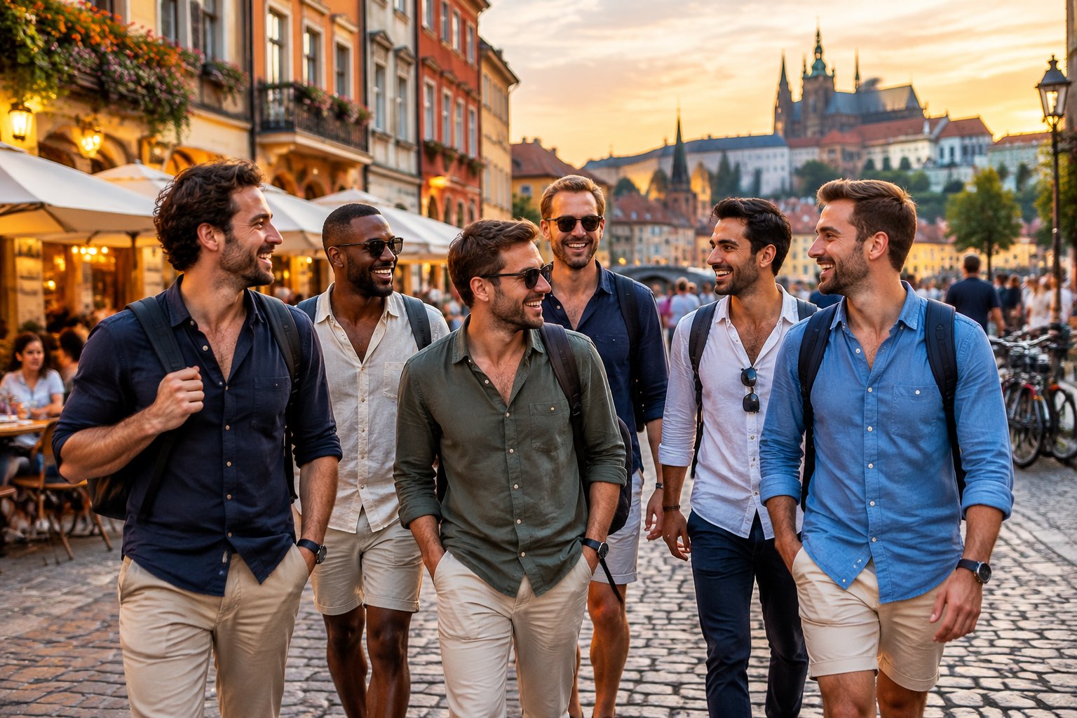 A group of friends exploring a lively European city with historic buildings and café terraces.
