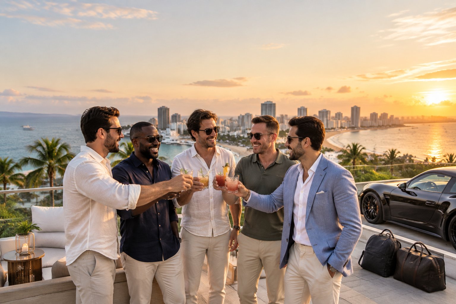 A group of male friends celebrating together on a luxury rooftop overlooking a sunny coastal city.