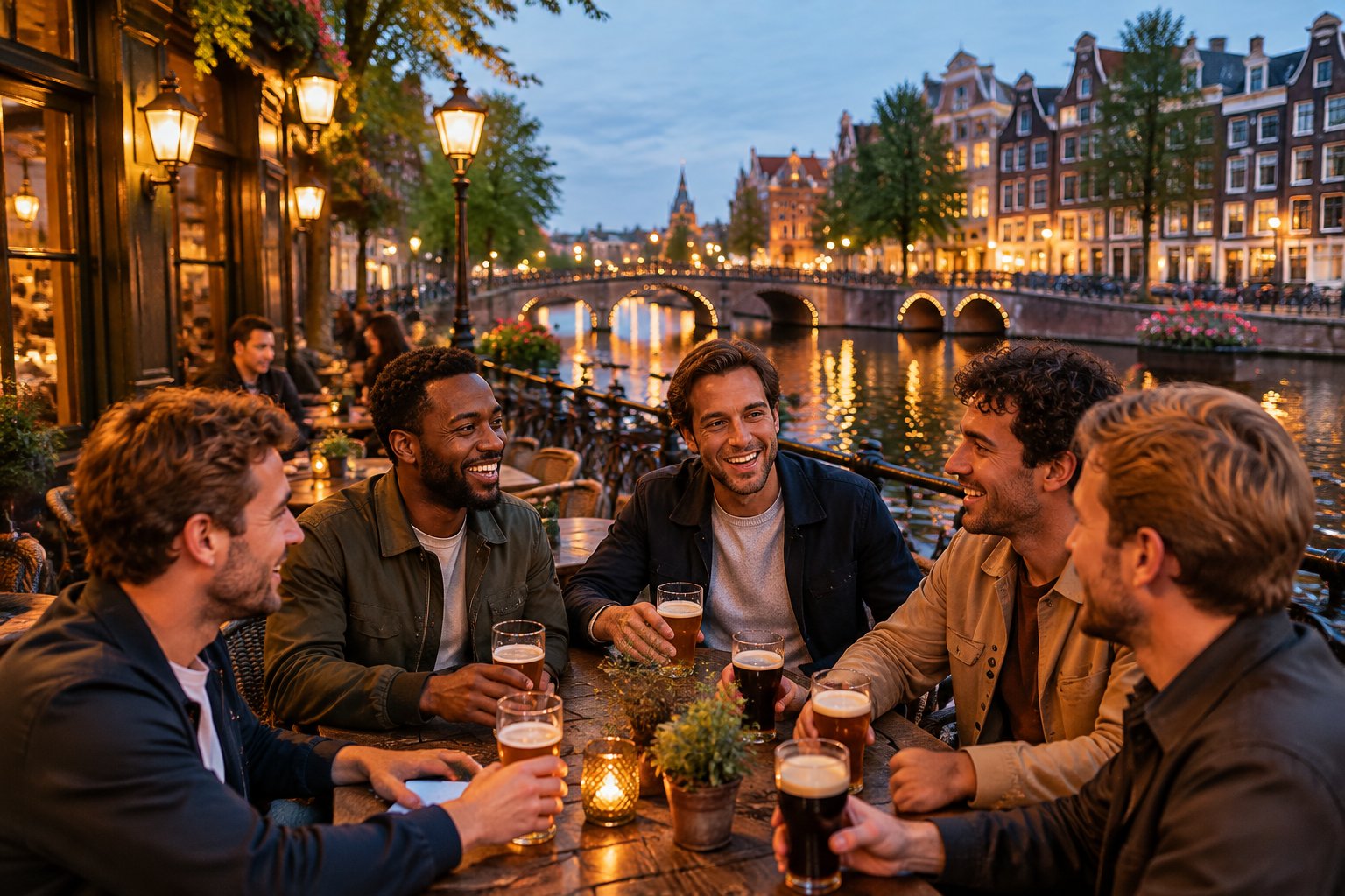 A group of friends enjoys an evening at a pub beside a scenic European canal.